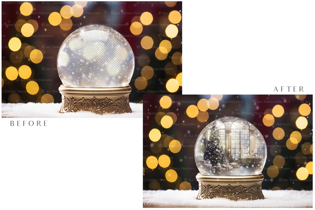 Digital Snow Globe Background, with png snow overlays and PSD Template.set.The globe is transparent, perfect for you to add your own images and retain the snow globe effect.This file is 6000 x 4000, 300dpi. Printable Christmas Theme style. Photoshop Editing Backdrop for Photographers, Scrapbooking and cards.