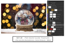 Load image into Gallery viewer, Digital Snow Globe Background, with png snow overlays and PSD Template.set.The globe is transparent, perfect for you to add your own images and retain the snow globe effect.This file is 6000 x 4000, 300dpi. Printable Christmas Theme style. Photoshop Editing Backdrop for Photographers, Scrapbooking and cards.
