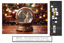 Load image into Gallery viewer, Digital Snow Globe Background, with Png snow overlays &amp; PSD Template. The globe is transparent, perfect for adding your own images and retain the glass  effect.The file is 6000 x 4000, 300dpi. Png Included. Use for Christmas edits, Photography, Card Crafts, Scrapbooking. Xmas Backdrops. Santa holding a glass ball.
