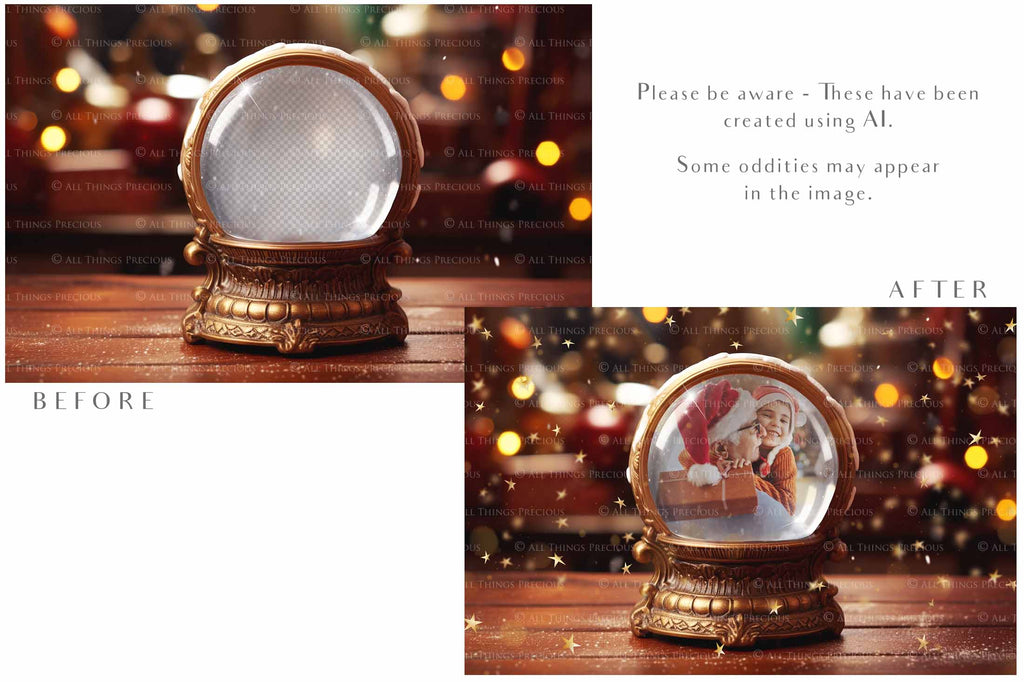 Digital Snow Globe Background, with png snow overlays and PSD Template.set.The globe is transparent, perfect for you to add your own images and retain the snow globe effect.This file is 6000 x 4000, 300dpi. Printable Christmas Theme style. Photoshop Editing Backdrop for Photographers, Scrapbooking and cards.