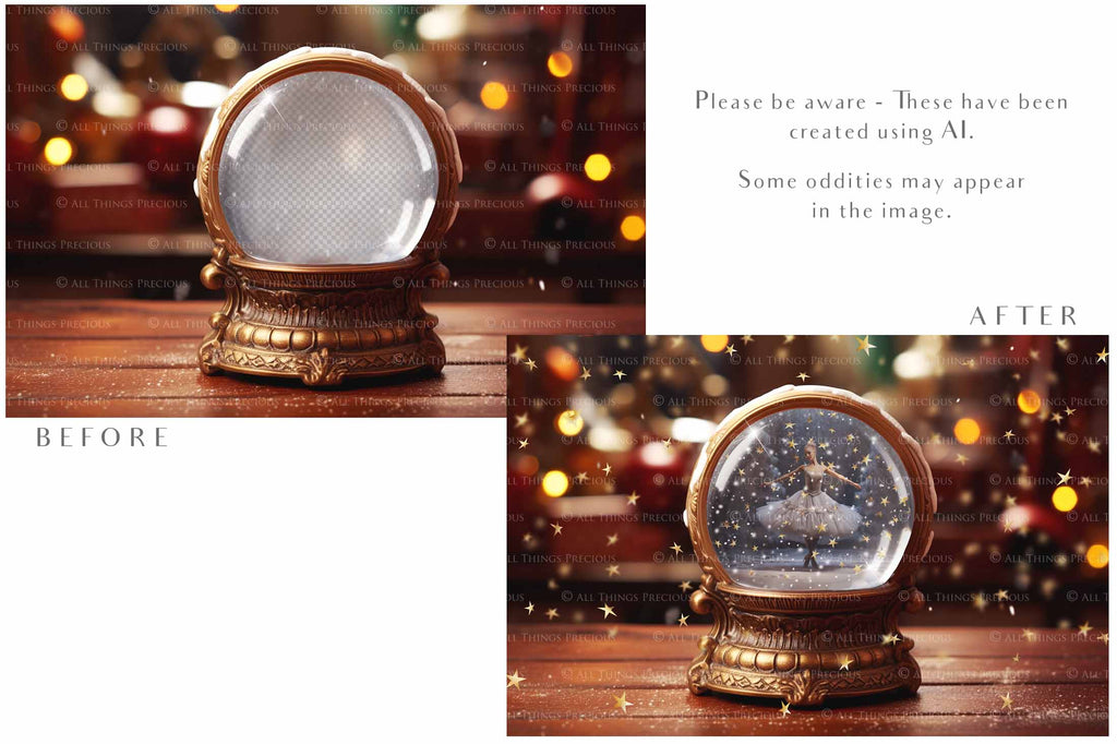 Digital Snow Globe Background, with png snow overlays and PSD Template.set.The globe is transparent, perfect for you to add your own images and retain the snow globe effect.This file is 6000 x 4000, 300dpi. Printable Christmas Theme style. Photoshop Editing Backdrop for Photographers, Scrapbooking and cards.