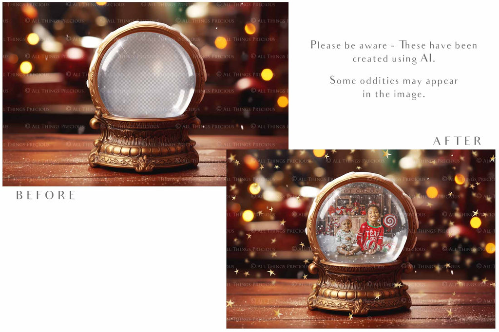 Digital Snow Globe Background, with png snow overlays and PSD Template.set.The globe is transparent, perfect for you to add your own images and retain the snow globe effect.This file is 6000 x 4000, 300dpi. Printable Christmas Theme style. Photoshop Editing Backdrop for Photographers, Scrapbooking and cards.