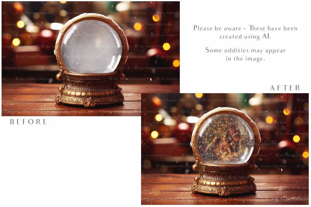 Digital Snow Globe Background, with png snow overlays and PSD Template.set.The globe is transparent, perfect for you to add your own images and retain the snow globe effect.This file is 6000 x 4000, 300dpi. Printable Christmas Theme style. Photoshop Editing Backdrop for Photographers, Scrapbooking and cards.