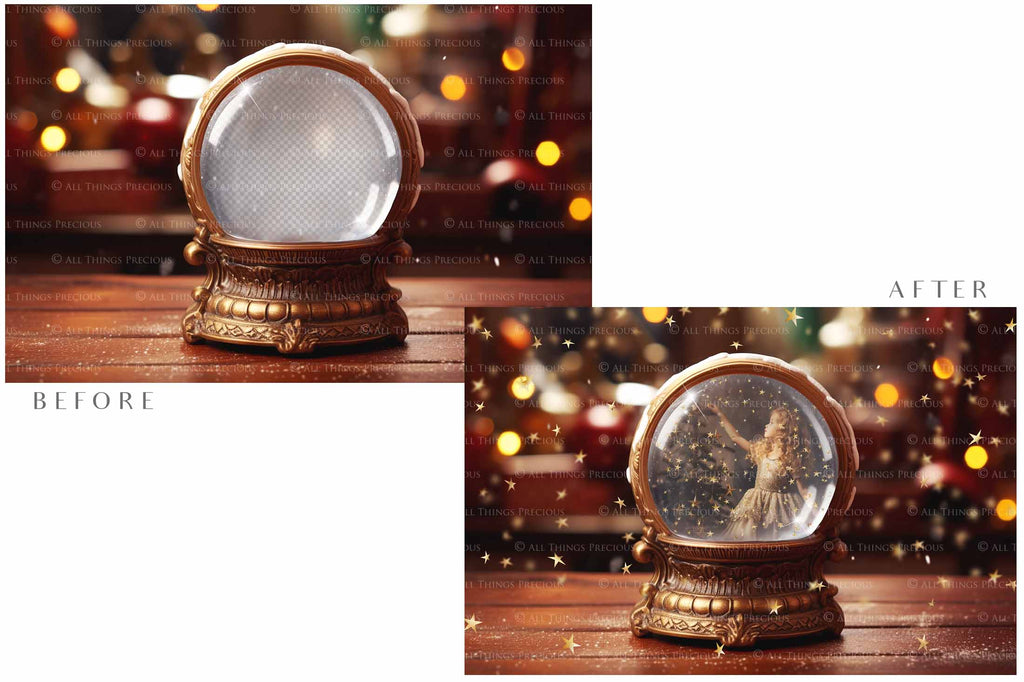 Digital Snow Globe Background, with png snow overlays and PSD Template.set.The globe is transparent, perfect for you to add your own images and retain the snow globe effect.This file is 6000 x 4000, 300dpi. Printable Christmas Theme style. Photoshop Editing Backdrop for Photographers, Scrapbooking and cards.