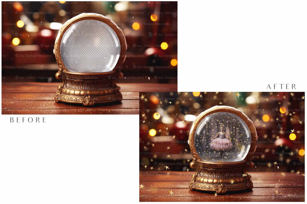 Digital Snow Globe Background, with png snow overlays and PSD Template.set.The globe is transparent, perfect for you to add your own images and retain the snow globe effect.This file is 6000 x 4000, 300dpi. Printable Christmas Theme style. Photoshop Editing Backdrop for Photographers, Scrapbooking and cards.