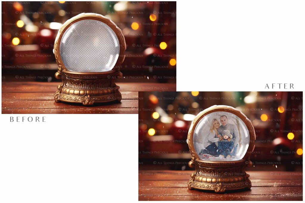 Digital Snow Globe Background, with png snow overlays and PSD Template.set.The globe is transparent, perfect for you to add your own images and retain the snow globe effect.This file is 6000 x 4000, 300dpi. Printable Christmas Theme style. Photoshop Editing Backdrop for Photographers, Scrapbooking and cards.