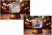 Load image into Gallery viewer, Digital Snow Globe Background, with png snow overlays and PSD Template.set.The globe is transparent, perfect for you to add your own images and retain the snow globe effect.This file is 6000 x 4000, 300dpi. Printable Christmas Theme style. Photoshop Editing Backdrop for Photographers, Scrapbooking and cards.
