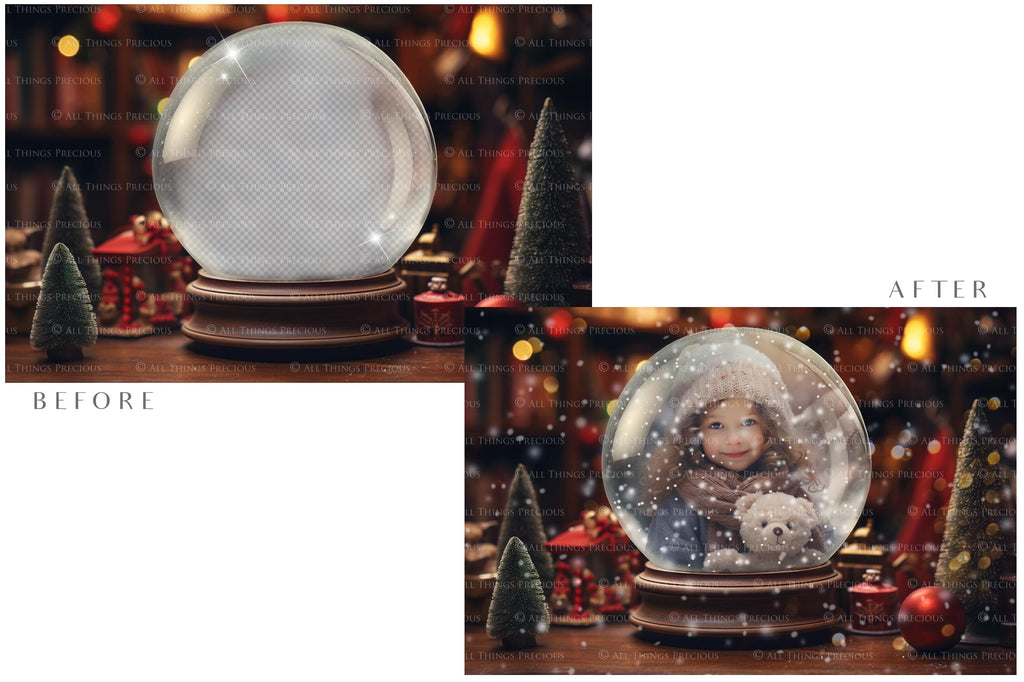 Digital Snow Globe Background, with png snow overlays and PSD Template.set.The globe is transparent, perfect for you to add your own images and retain the snow globe effect.This file is 6000 x 4000, 300dpi. Printable Christmas Theme style. Photoshop Editing Backdrop for Photographers, Scrapbooking and cards.