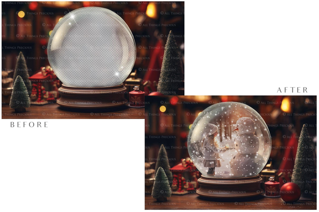 Digital Snow Globe Background, with png snow overlays and PSD Template.set.The globe is transparent, perfect for you to add your own images and retain the snow globe effect.This file is 6000 x 4000, 300dpi. Printable Christmas Theme style. Photoshop Editing Backdrop for Photographers, Scrapbooking and cards.