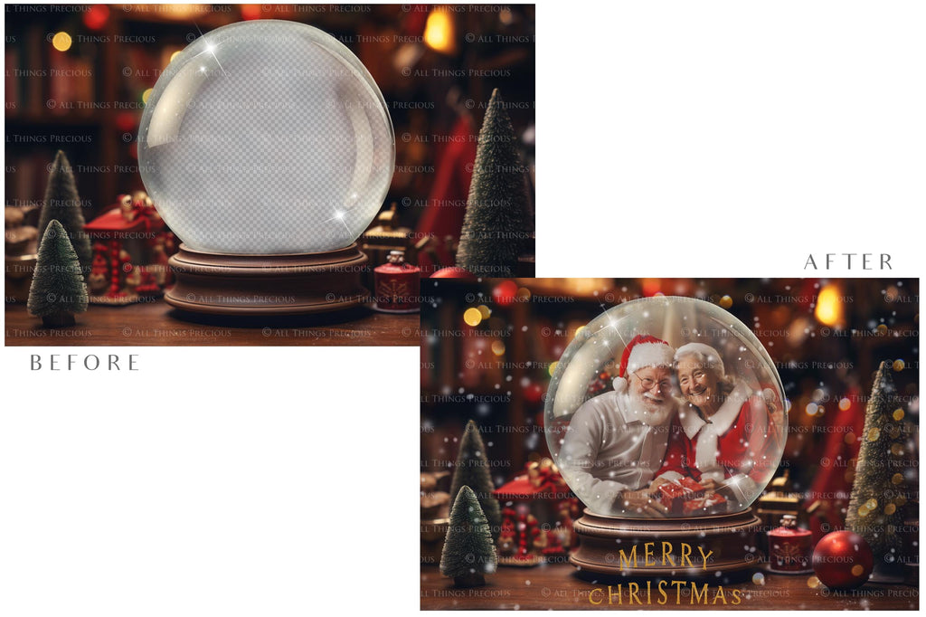 Digital Snow Globe Background, with png snow overlays and PSD Template.set.The globe is transparent, perfect for you to add your own images and retain the snow globe effect.This file is 6000 x 4000, 300dpi. Printable Christmas Theme style. Photoshop Editing Backdrop for Photographers, Scrapbooking and cards.