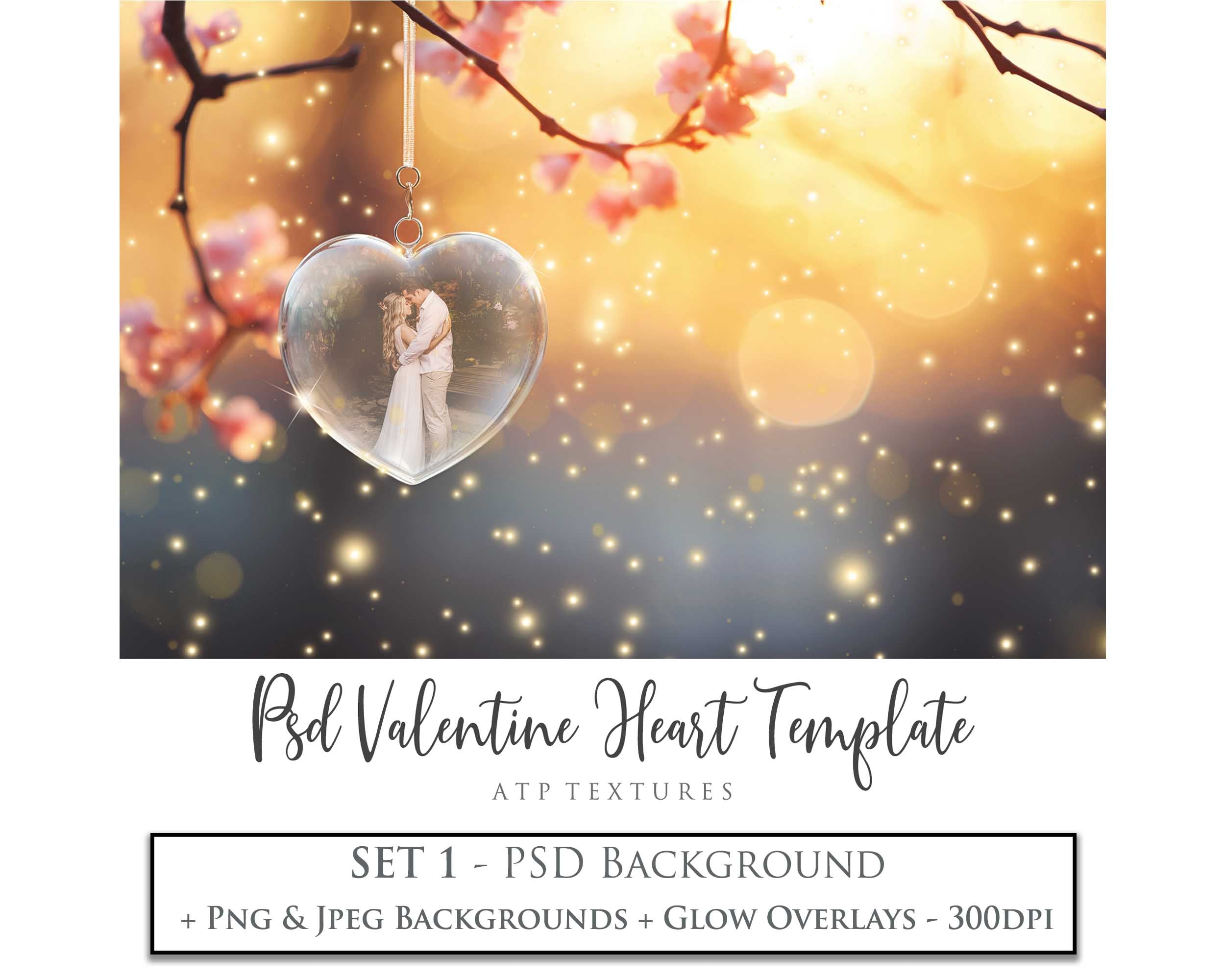 Valentines Love Heart Background. Wedding Photography edit. High resolution, Digital file. With Glass Globe in a heart shape, glows and bokeh. Png overlays for photoshop. Print as invitations or cards. 6000 x 4000, 300dpi. By ATP Textures.