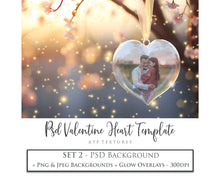 Load image into Gallery viewer, Magical Valentines Template Background. Glass Heart Bauble with Glow overlays. Add a photo to the digital background. Glass Effect Ornament. Jpeg + Png copies. Printable Invitation, Card, Wedding Engagement, Newborn Photography. High resolution Art.
