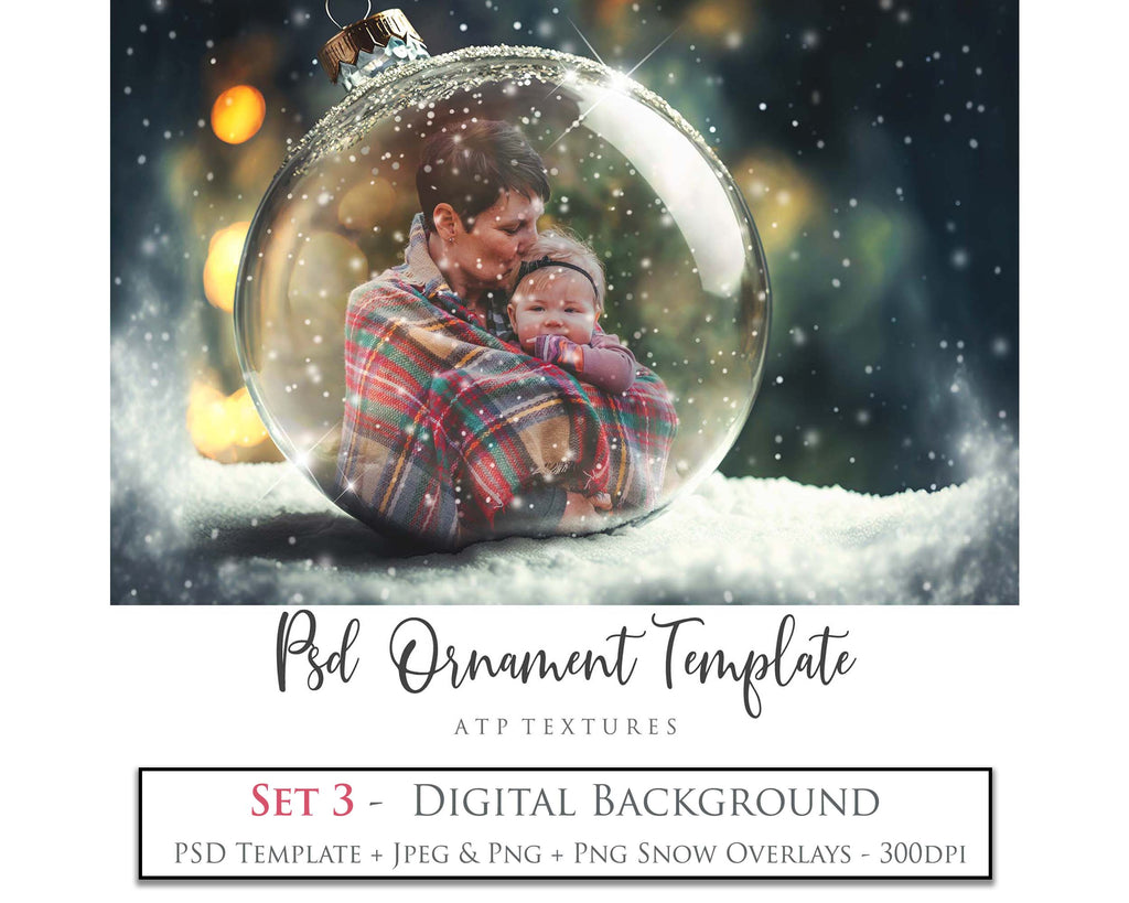 Christmas Glass Bauble Ornament Overlay and Digital Png Background. Snow flurries and PSD template included. The globe is transparent, perfect for you to add your own images and retain the snow globe effect.This file is 6000 x 4000, 300dpi. Photography, Scrapbooking, Photo Overlays, Png, Jpeg, Psd. ATP Textures.