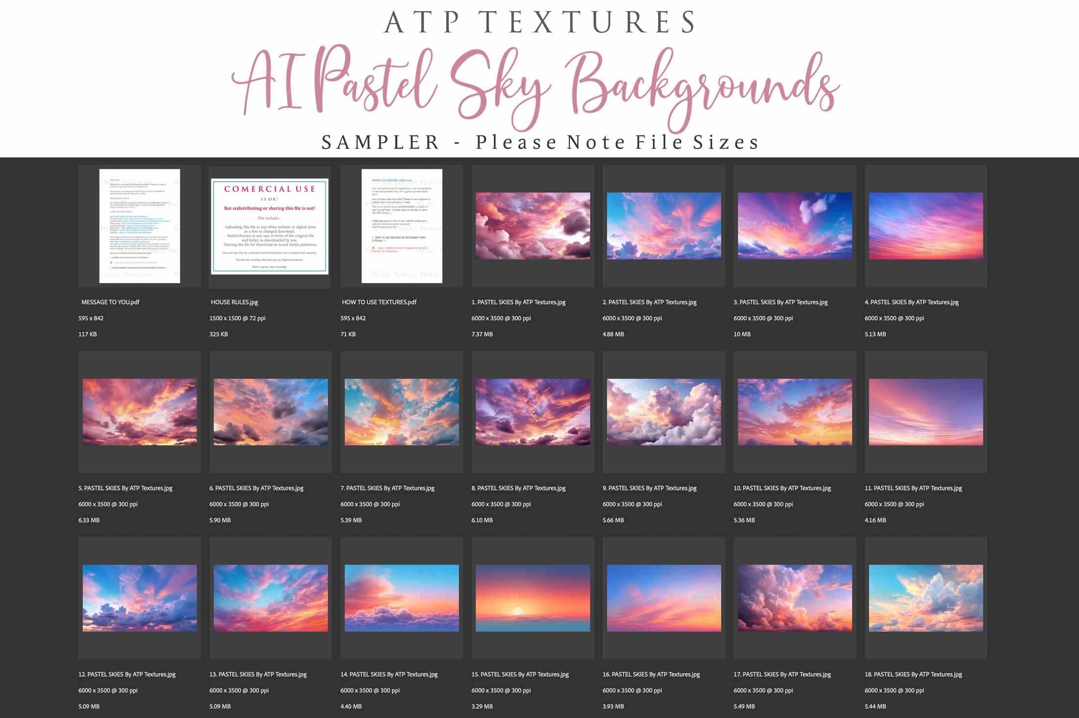 Pastel Clouds and Sky Overlays. Digital Backgrounds for Photographers. Add to your images for a dramatic sky effect. Each Digital file is 300dpi. All are 3500x6000.  These are in Jpeg format and high resolution. Find more at ATP Textures store!