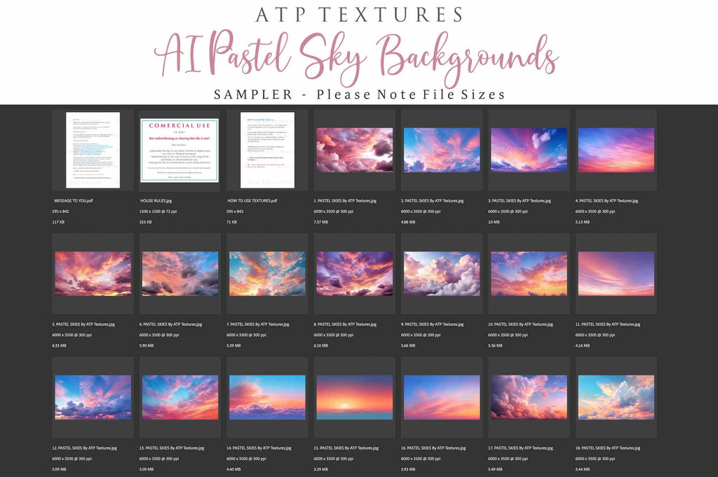 Pastel Clouds and Sky Overlays. Digital Backgrounds for Photographers. Add to your images for a dramatic sky effect. Each Digital file is 300dpi. All are 3500x6000.  These are in Jpeg format and high resolution. Find more at ATP Textures store!