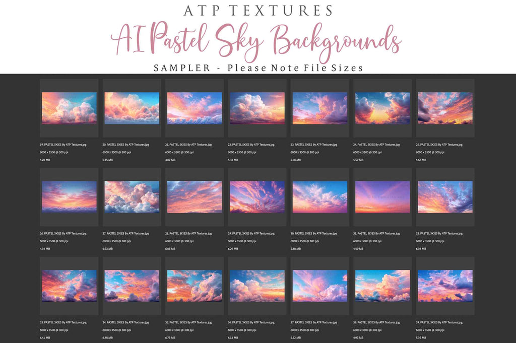 Pastel Clouds and Sky Overlays. Digital Backgrounds for Photographers. Add to your images for a dramatic sky effect. Each Digital file is 300dpi. All are 3500x6000.  These are in Jpeg format and high resolution. Find more at ATP Textures store!