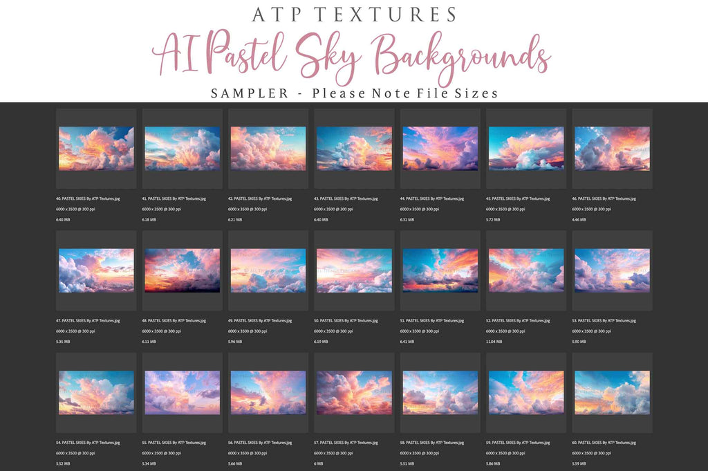 Pastel Clouds and Sky Overlays. Digital Backgrounds for Photographers. Add to your images for a dramatic sky effect. Each Digital file is 300dpi. All are 3500x6000.  These are in Jpeg format and high resolution. Find more at ATP Textures store!