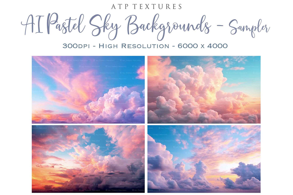 Pastel Clouds and Sky Overlays. Digital Backgrounds for Photographers. Add to your images for a dramatic sky effect. Each Digital file is 300dpi. All are 3500x6000.  These are in Jpeg format and high resolution. Find more at ATP Textures store!