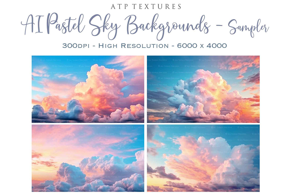 Pastel Clouds and Sky Overlays. Digital Backgrounds for Photographers. Add to your images for a dramatic sky effect. Each Digital file is 300dpi. All are 3500x6000.  These are in Jpeg format and high resolution. Find more at ATP Textures store!