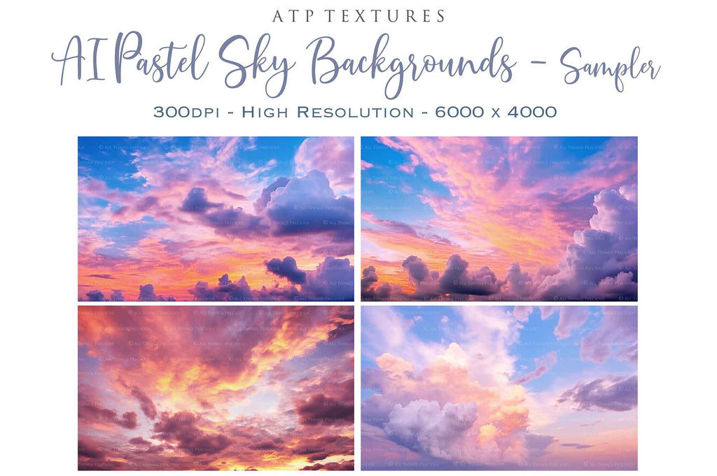 Pastel Clouds and Sky Overlays. Digital Backgrounds for Photographers. Add to your images for a dramatic sky effect. Each Digital file is 300dpi. All are 3500x6000.  These are in Jpeg format and high resolution. Find more at ATP Textures store!