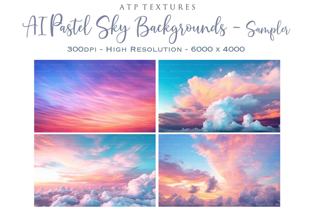 Pastel Clouds and Sky Overlays. Digital Backgrounds for Photographers. Add to your images for a dramatic sky effect. Each Digital file is 300dpi. All are 3500x6000.  These are in Jpeg format and high resolution. Find more at ATP Textures store!