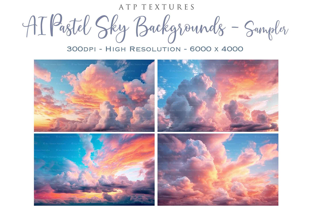 Pastel Clouds and Sky Overlays. Digital Backgrounds for Photographers. Add to your images for a dramatic sky effect. Each Digital file is 300dpi. All are 3500x6000.  These are in Jpeg format and high resolution. Find more at ATP Textures store!