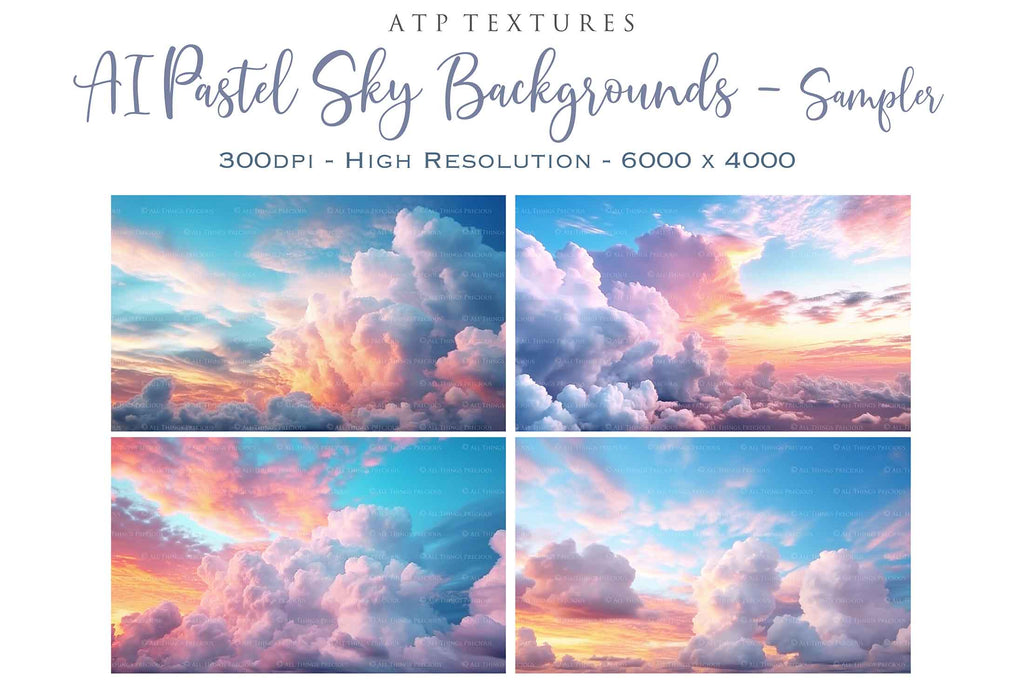 Pastel Clouds and Sky Overlays. Digital Backgrounds for Photographers. Add to your images for a dramatic sky effect. Each Digital file is 300dpi. All are 3500x6000.  These are in Jpeg format and high resolution. Find more at ATP Textures store!