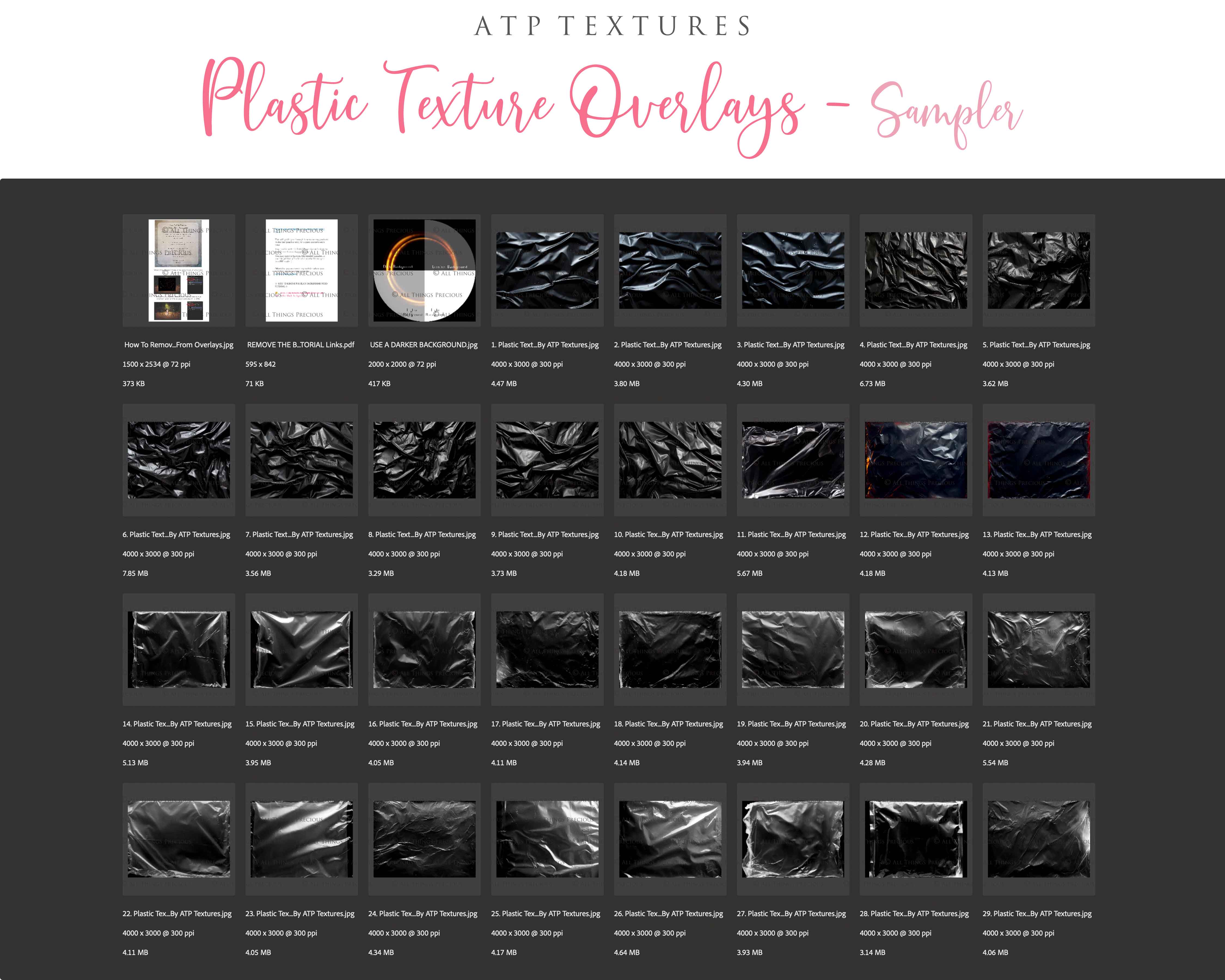 This set of Overlays & Photoshop Brushes includes JPEG Plastic Textures all different and unique with photoshop brushes. All JPEG overlays are 300dpi in high resolution. THEY ARE SUITABLE FOR FINE ART PRINTING. Digital assets for graphic art and photography.