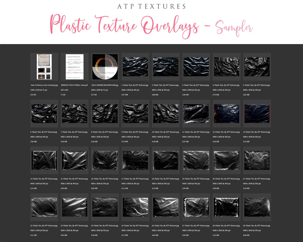 This set of Overlays & Photoshop Brushes includes JPEG Plastic Textures all different and unique with photoshop brushes. All JPEG overlays are 300dpi in high resolution. THEY ARE SUITABLE FOR FINE ART PRINTING. Digital assets for graphic art and photography.