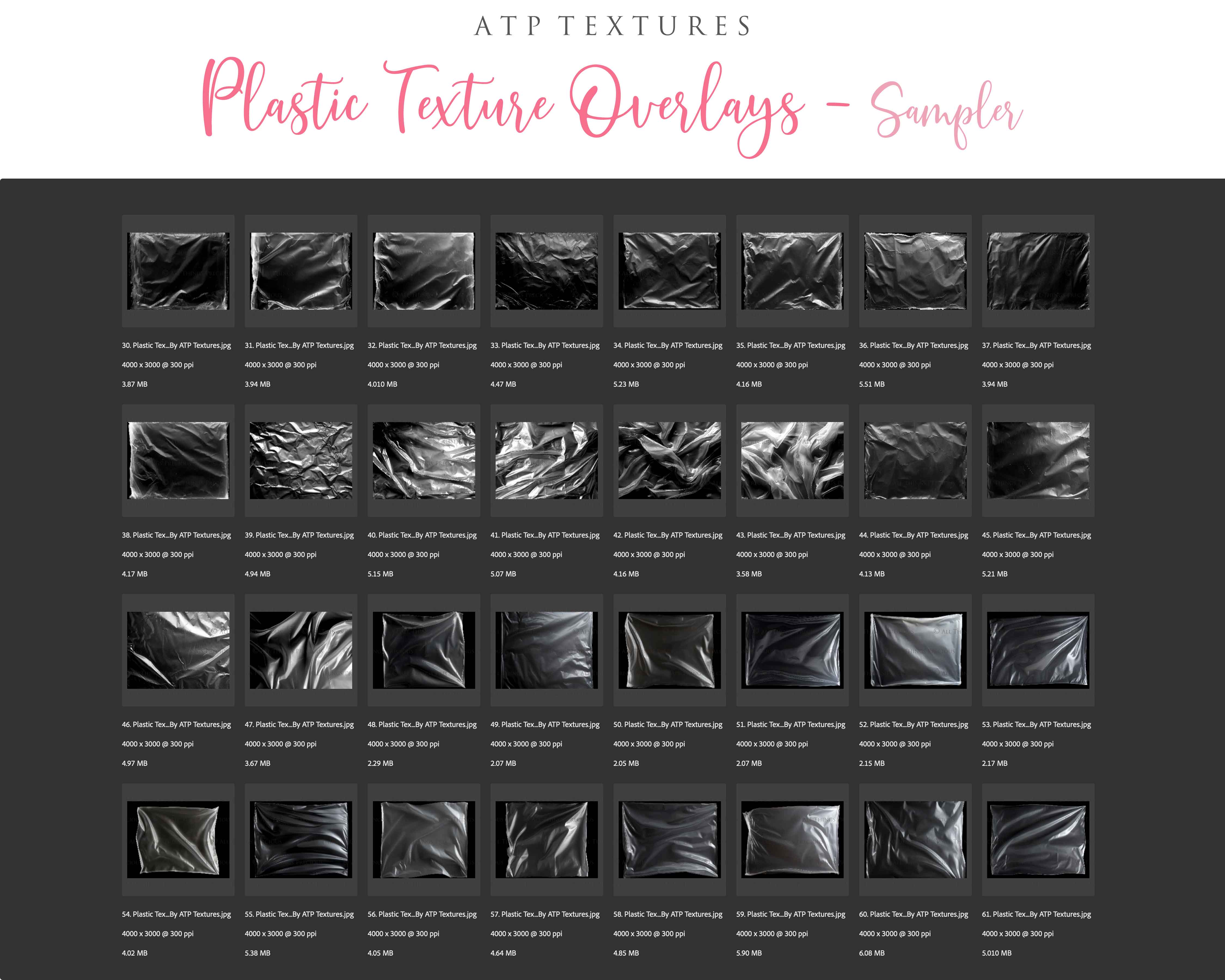This set of Overlays & Photoshop Brushes includes JPEG Plastic Textures all different and unique with photoshop brushes. All JPEG overlays are 300dpi in high resolution. THEY ARE SUITABLE FOR FINE ART PRINTING. Digital assets for graphic art and photography.