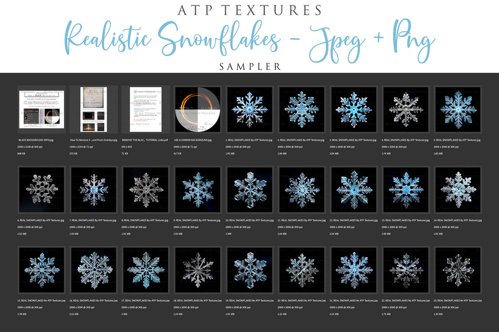 Real Snowflake Overlays & Brushes! A gorgeous addition to your beautiful photography, scrapbooking or digital art work! This set includes 60 Png Overlays 60 Jpeg Overlays 80 Photoshop brushes Instructions are included. All PNG overlays are 300dpi in high resolution. 