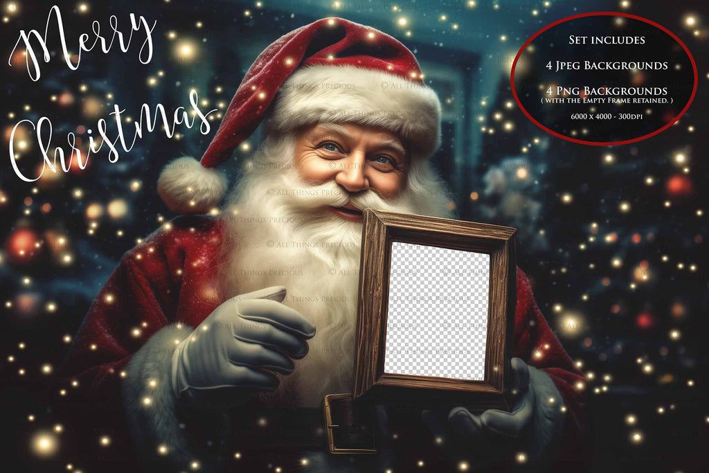 Digital Santa with Frame Background. Png snow and glow overlays & PSD Template. The frame is transparent, perfect for adding your own images. The file is 6000 x 4000, 300dpi. Png Included. Use for Christmas edits, Photography, Card Crafts, Scrapbooking. Xmas Backdrops. Santa holding a frame.