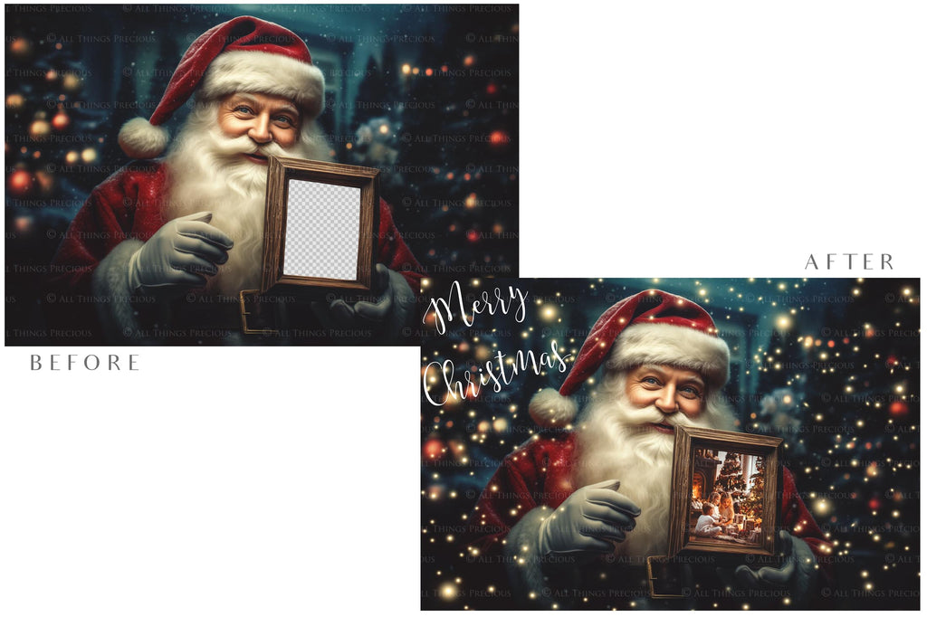 Digital Santa with Frame Background. Png snow and glow overlays & PSD Template. The frame is transparent, perfect for adding your own images. The file is 6000 x 4000, 300dpi. Png Included. Use for Christmas edits, Photography, Card Crafts, Scrapbooking. Xmas Backdrops. Santa holding a frame.