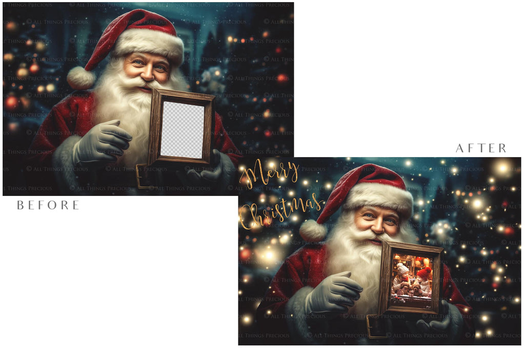 Digital Santa with Frame Background. Png snow and glow overlays & PSD Template. The frame is transparent, perfect for adding your own images. The file is 6000 x 4000, 300dpi. Png Included. Use for Christmas edits, Photography, Card Crafts, Scrapbooking. Xmas Backdrops. Santa holding a frame.