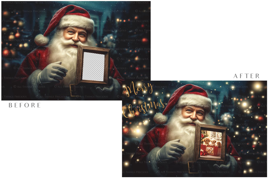 Digital Santa with Frame Background. Png snow and glow overlays & PSD Template. The frame is transparent, perfect for adding your own images. The file is 6000 x 4000, 300dpi. Png Included. Use for Christmas edits, Photography, Card Crafts, Scrapbooking. Xmas Backdrops. Santa holding a frame.