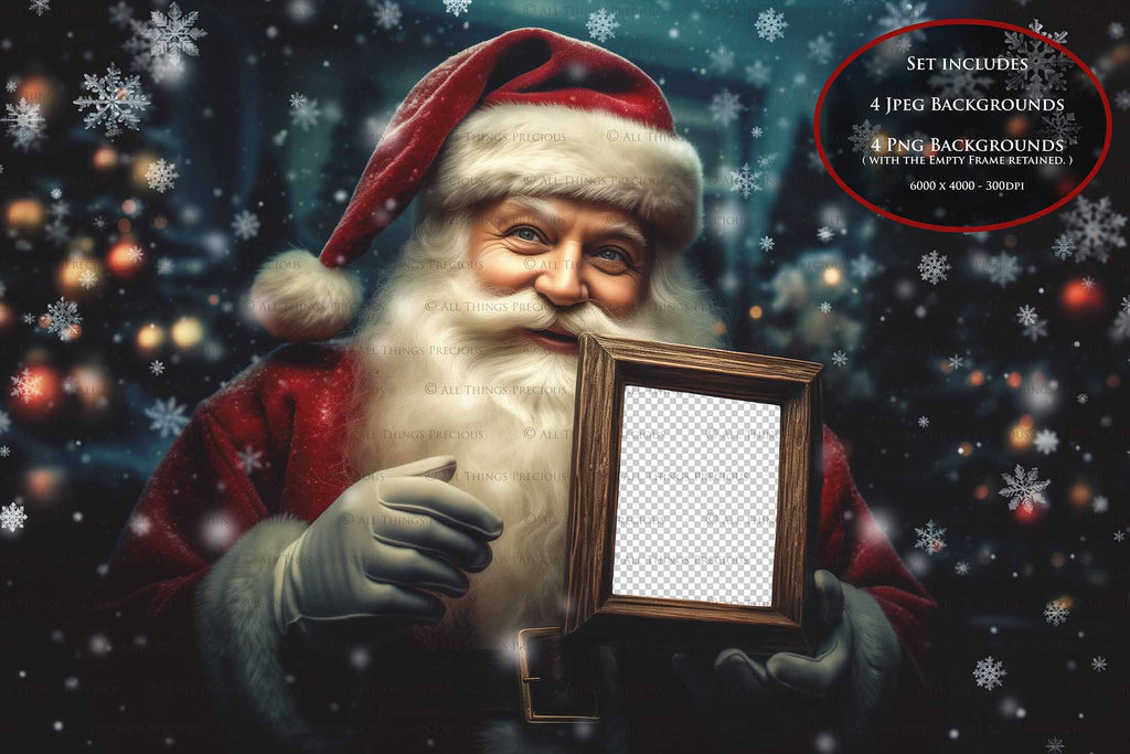 Digital Santa with Frame Background. Png snow and glow overlays & PSD Template. The frame is transparent, perfect for adding your own images. The file is 6000 x 4000, 300dpi. Png Included. Use for Christmas edits, Photography, Card Crafts, Scrapbooking. Xmas Backdrops. Santa holding a frame.