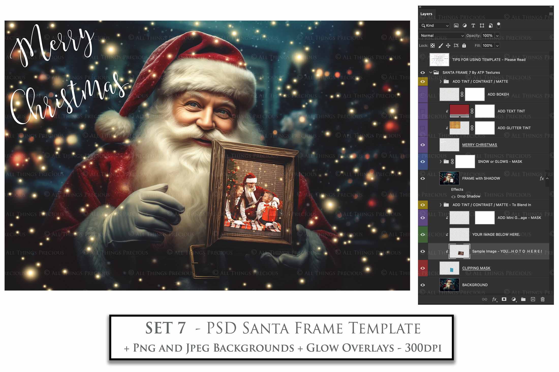 Digital Santa with Frame Background. Png snow and glow overlays & PSD Template. The frame is transparent, perfect for adding your own images. The file is 6000 x 4000, 300dpi. Png Included. Use for Christmas edits, Photography, Card Crafts, Scrapbooking. Xmas Backdrops. Santa holding a frame.