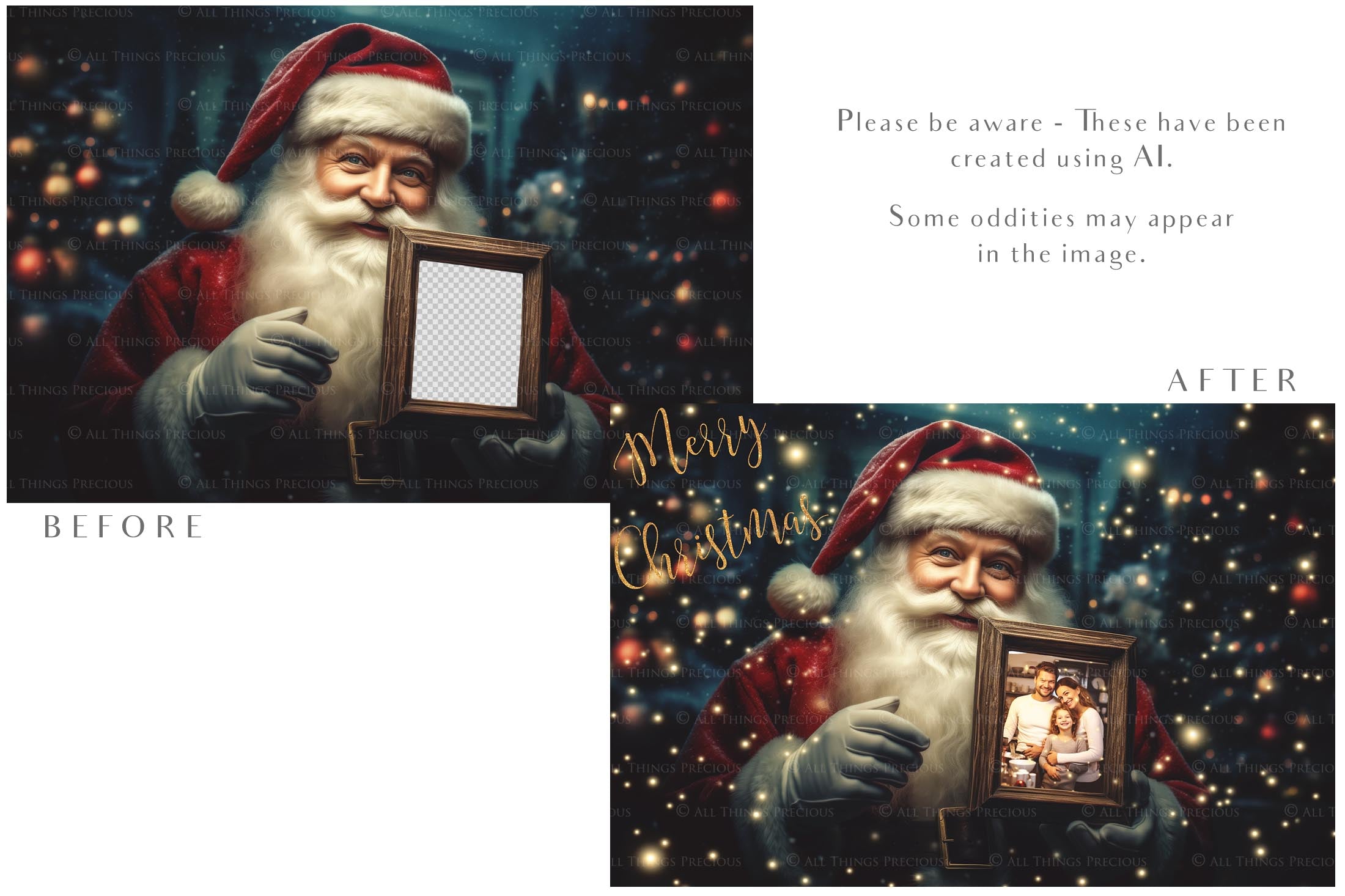Digital Santa with Frame Background. Png snow and glow overlays & PSD Template. The frame is transparent, perfect for adding your own images. The file is 6000 x 4000, 300dpi. Png Included. Use for Christmas edits, Photography, Card Crafts, Scrapbooking. Xmas Backdrops. Santa holding a frame.
