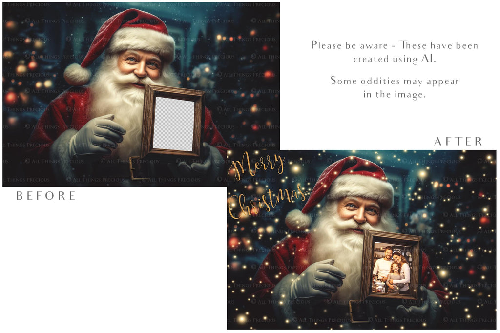 Digital Santa with Frame Background. Png snow and glow overlays & PSD Template. The frame is transparent, perfect for adding your own images. The file is 6000 x 4000, 300dpi. Png Included. Use for Christmas edits, Photography, Card Crafts, Scrapbooking. Xmas Backdrops. Santa holding a frame.