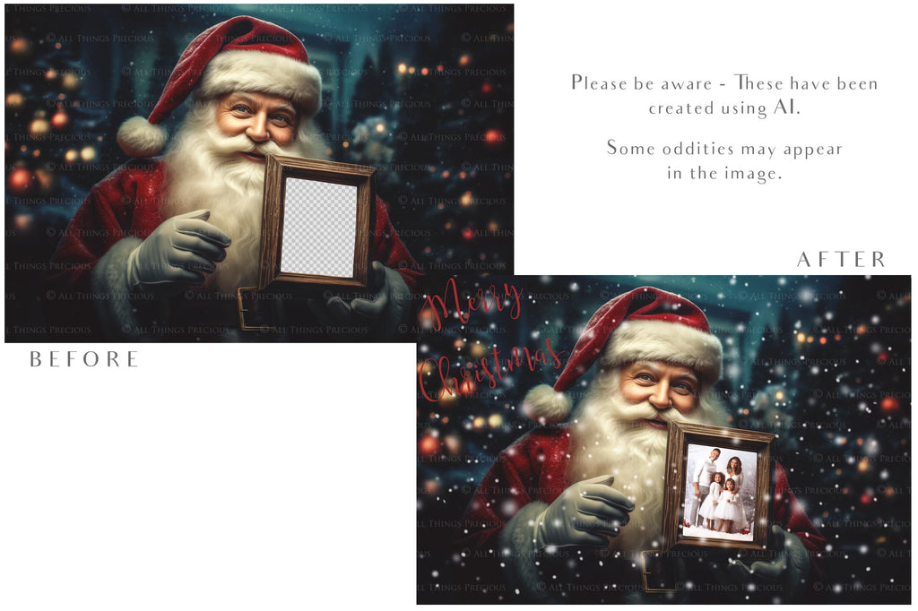 Digital Santa with Frame Background. Png snow and glow overlays & PSD Template. The frame is transparent, perfect for adding your own images. The file is 6000 x 4000, 300dpi. Png Included. Use for Christmas edits, Photography, Card Crafts, Scrapbooking. Xmas Backdrops. Santa holding a frame.