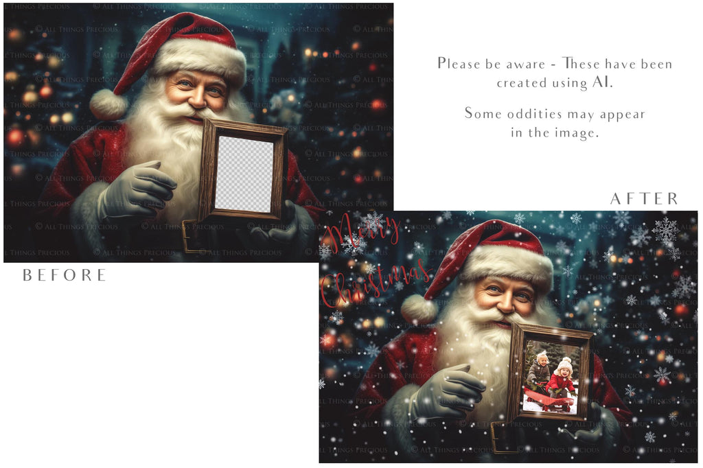 Digital Santa with Frame Background. Png snow and glow overlays & PSD Template. The frame is transparent, perfect for adding your own images. The file is 6000 x 4000, 300dpi. Png Included. Use for Christmas edits, Photography, Card Crafts, Scrapbooking. Xmas Backdrops. Santa holding a frame.