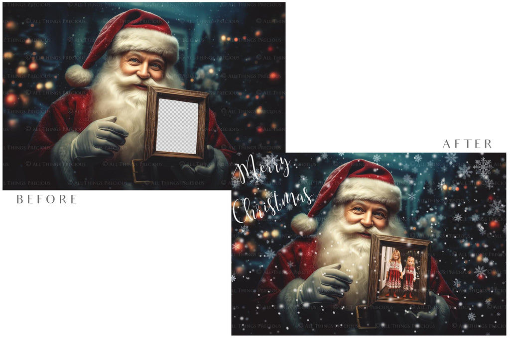 Digital Santa with Frame Background. Png snow and glow overlays & PSD Template. The frame is transparent, perfect for adding your own images. The file is 6000 x 4000, 300dpi. Png Included. Use for Christmas edits, Photography, Card Crafts, Scrapbooking. Xmas Backdrops. Santa holding a frame.