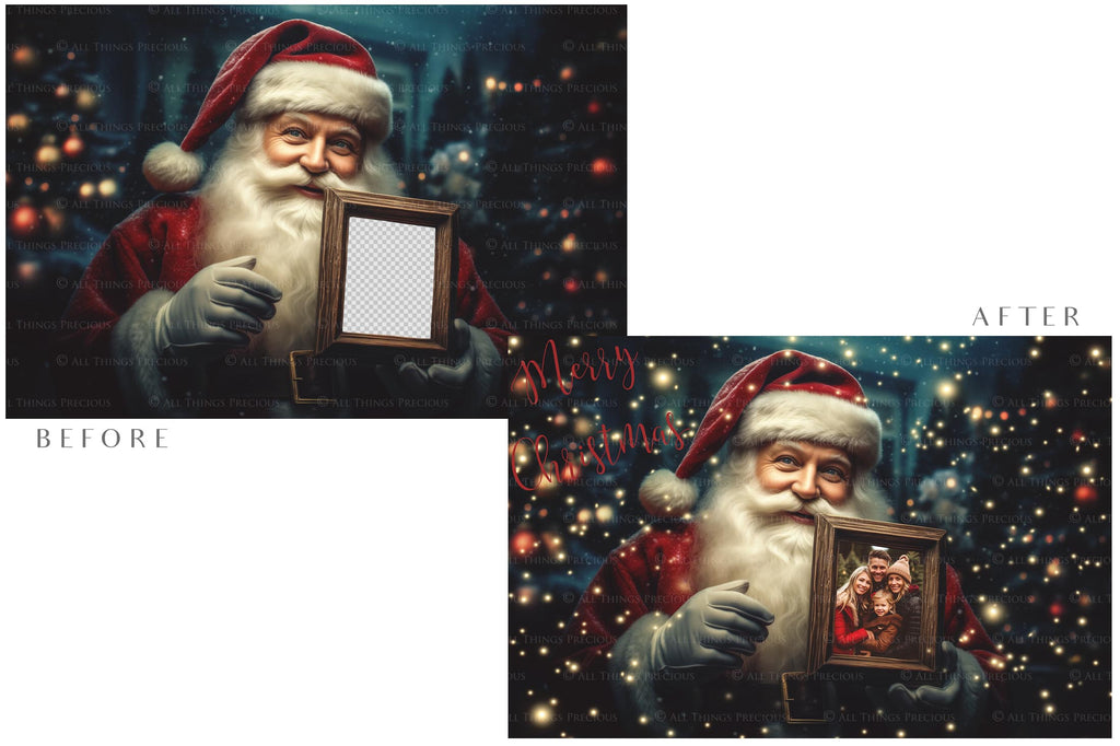 Digital Santa with Frame Background. Png snow and glow overlays & PSD Template. The frame is transparent, perfect for adding your own images. The file is 6000 x 4000, 300dpi. Png Included. Use for Christmas edits, Photography, Card Crafts, Scrapbooking. Xmas Backdrops. Santa holding a frame.