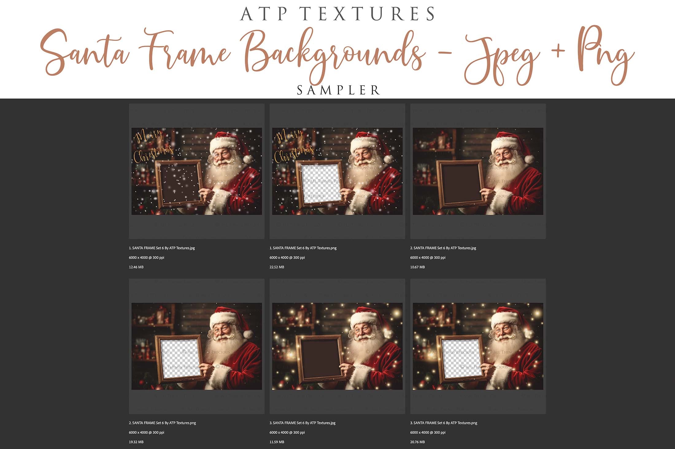 Digital Santa with Frame Background.  Png snow and glow overlays & PSD Template. The frame is transparent, perfect for adding your own images.  The file is 6000 x 4000, 300dpi. Png Included. Use for Christmas edits, Photography, Card Crafts, Scrapbooking. Xmas Backdrops. Santa holding a frame.