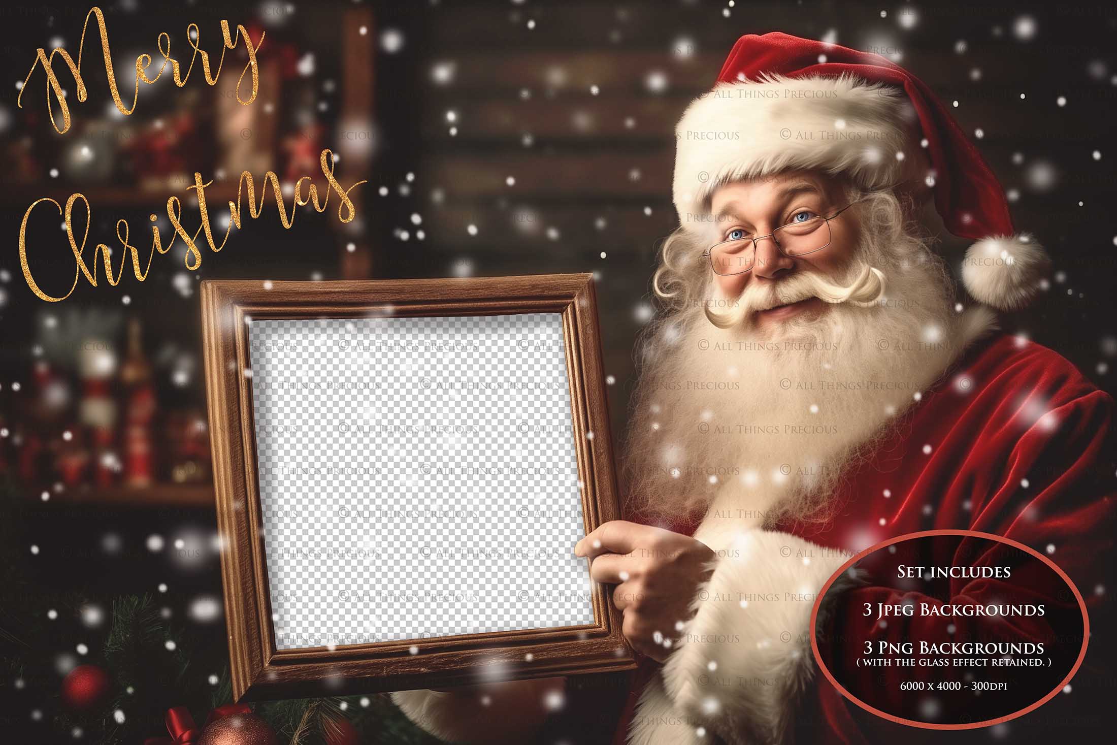 Digital Santa with Frame Background.  Png snow and glow overlays & PSD Template. The frame is transparent, perfect for adding your own images.  The file is 6000 x 4000, 300dpi. Png Included. Use for Christmas edits, Photography, Card Crafts, Scrapbooking. Xmas Backdrops. Santa holding a frame.