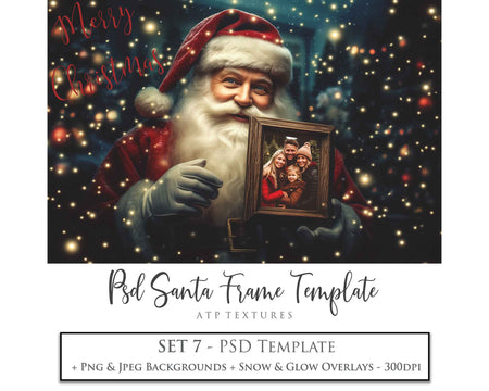 Digital Santa with Frame Background. Png snow and glow overlays & PSD Template. The frame is transparent, perfect for adding your own images. The file is 6000 x 4000, 300dpi. Png Included. Use for Christmas edits, Photography, Card Crafts, Scrapbooking. Xmas Backdrops. Santa holding a frame.