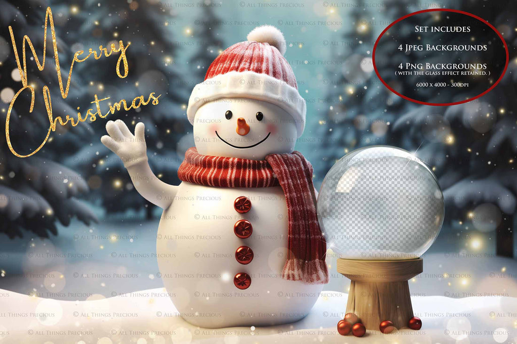 Digital Snow Globe Background, with Png snow overlays & PSD Template. The globe is transparent, perfect for adding your own images and retain the glass  effect.The file is 6000 x 4000, 300dpi. Png Included. Use for Christmas edits, Photography, Card Crafts, Scrapbooking. Xmas Backdrops. Snowman holding a glass ball.