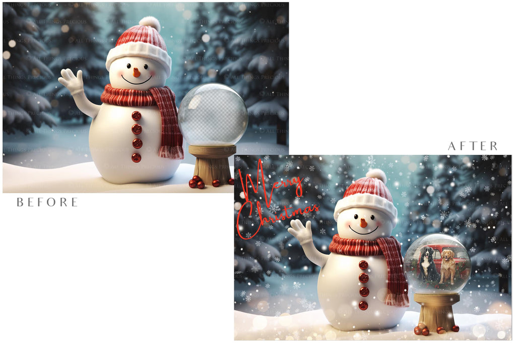 Digital Snow Globe Background, with Png snow overlays & PSD Template. The globe is transparent, perfect for adding your own images and retain the glass  effect.The file is 6000 x 4000, 300dpi. Png Included. Use for Christmas edits, Photography, Card Crafts, Scrapbooking. Xmas Backdrops. Snowman holding a glass ball.