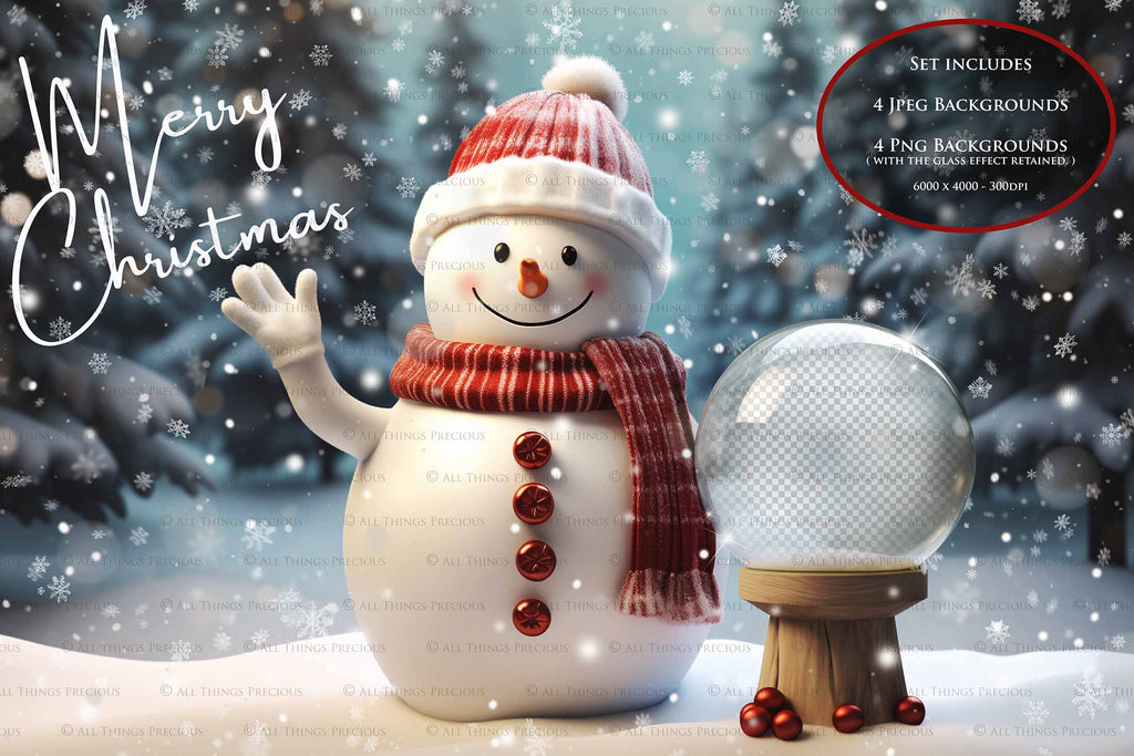 Digital Snow Globe Background, with Png snow overlays & PSD Template. The globe is transparent, perfect for adding your own images and retain the glass  effect.The file is 6000 x 4000, 300dpi. Png Included. Use for Christmas edits, Photography, Card Crafts, Scrapbooking. Xmas Backdrops. Snowman holding a glass ball.