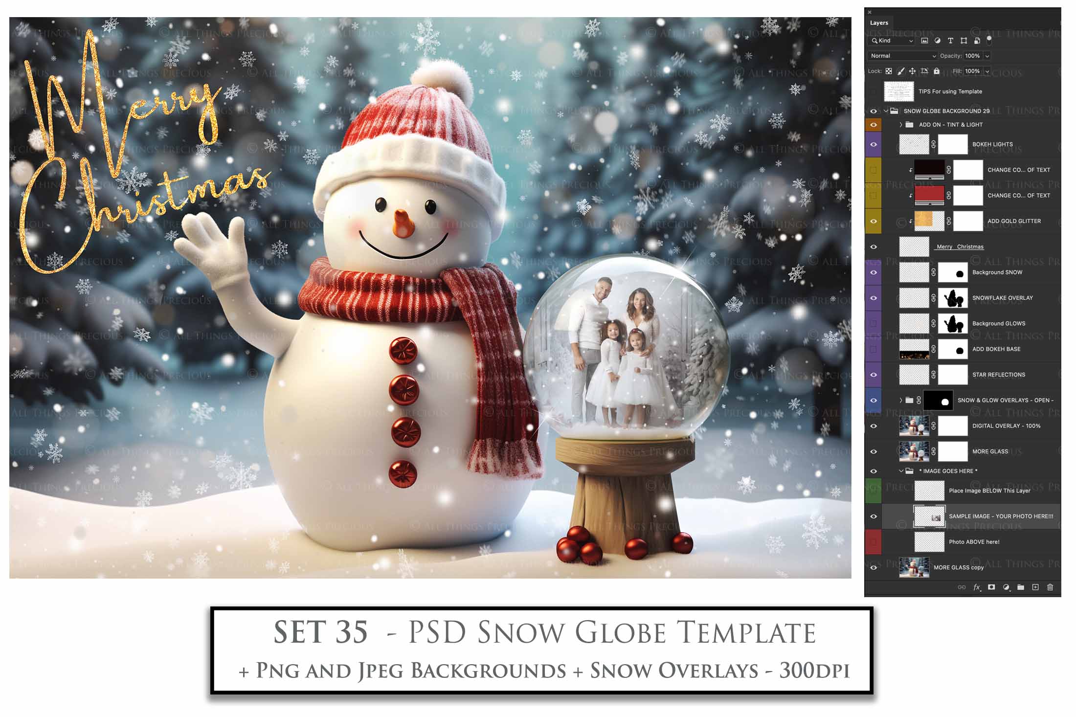 Digital Snow Globe Background, with Png snow overlays & PSD Template. The globe is transparent, perfect for adding your own images and retain the glass  effect.The file is 6000 x 4000, 300dpi. Png Included. Use for Christmas edits, Photography, Card Crafts, Scrapbooking. Xmas Backdrops. Snowman holding a glass ball.